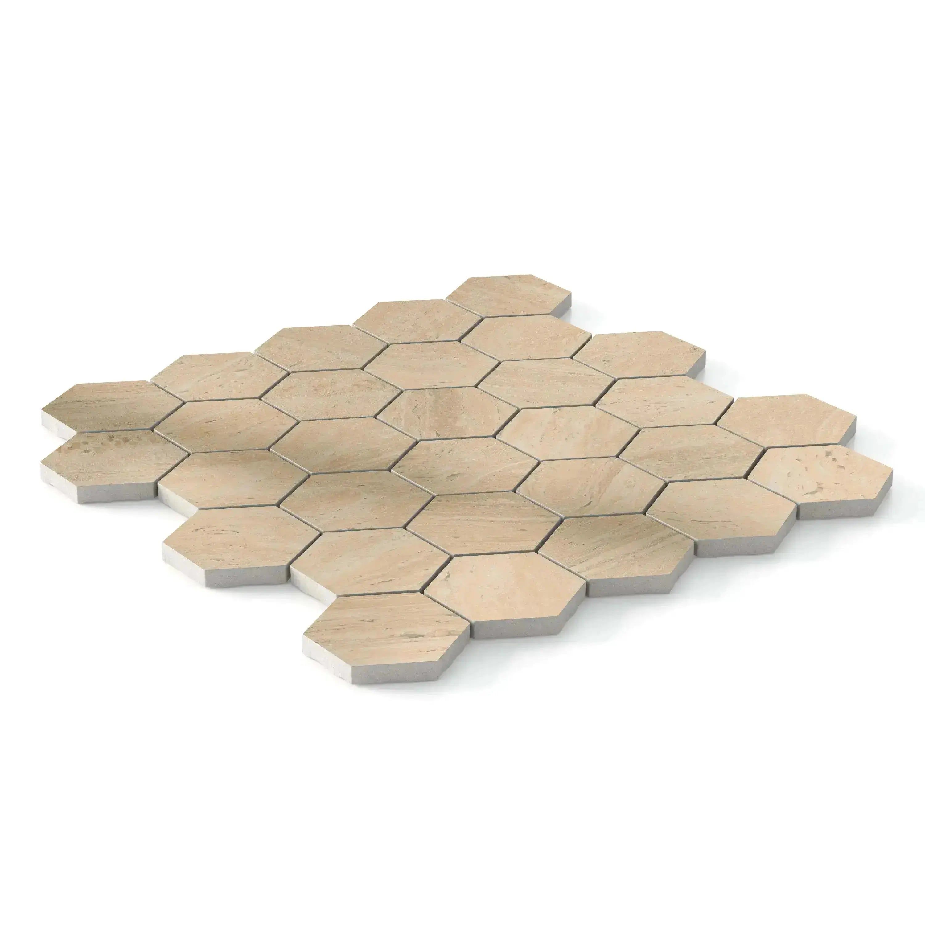 Travertino Porcelain Tile Beige Hexagon Mosaic 11x13 Sheet Polished