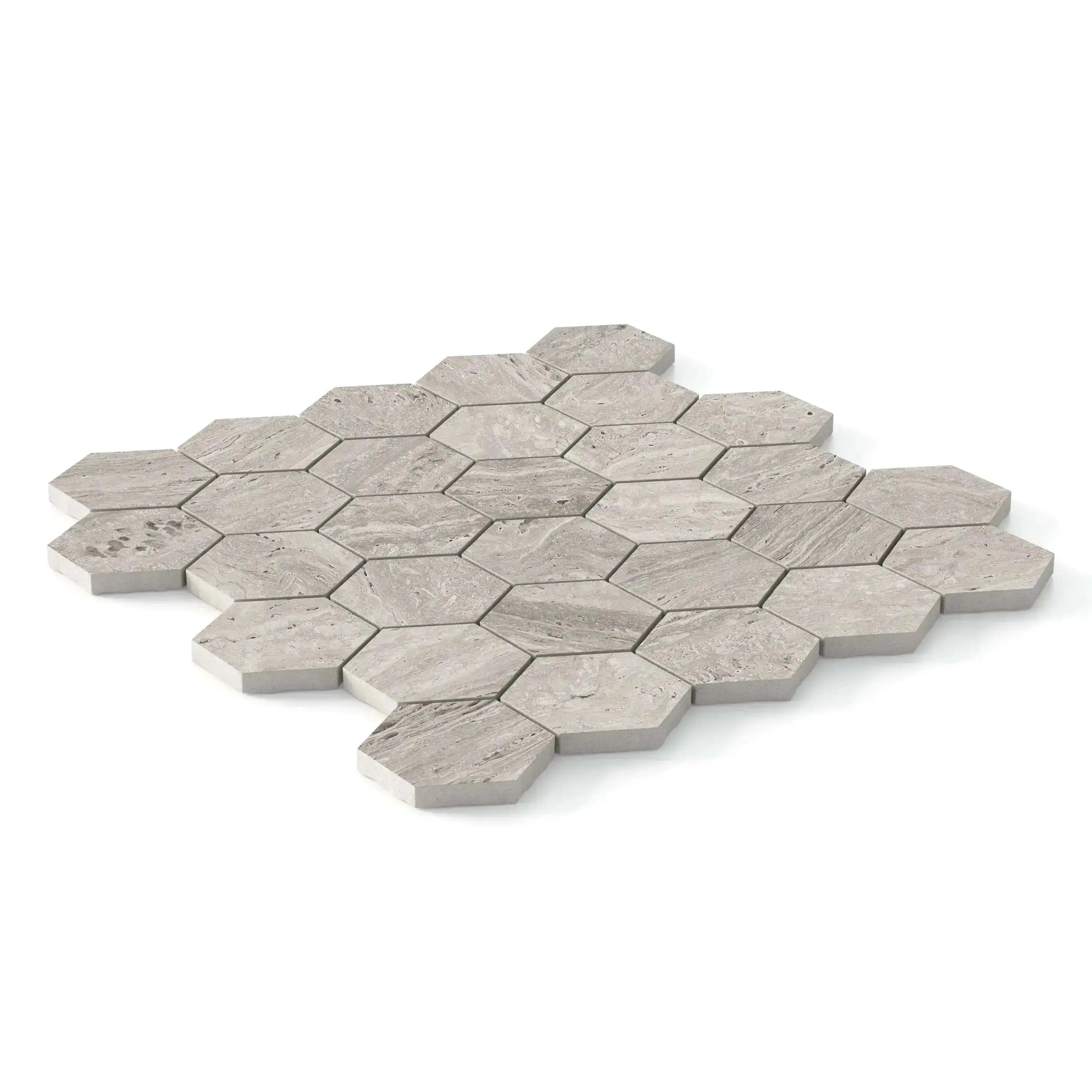 Travertino Porcelain Tile Gray Hexagon Mosaic 11x13 Sheet Matte