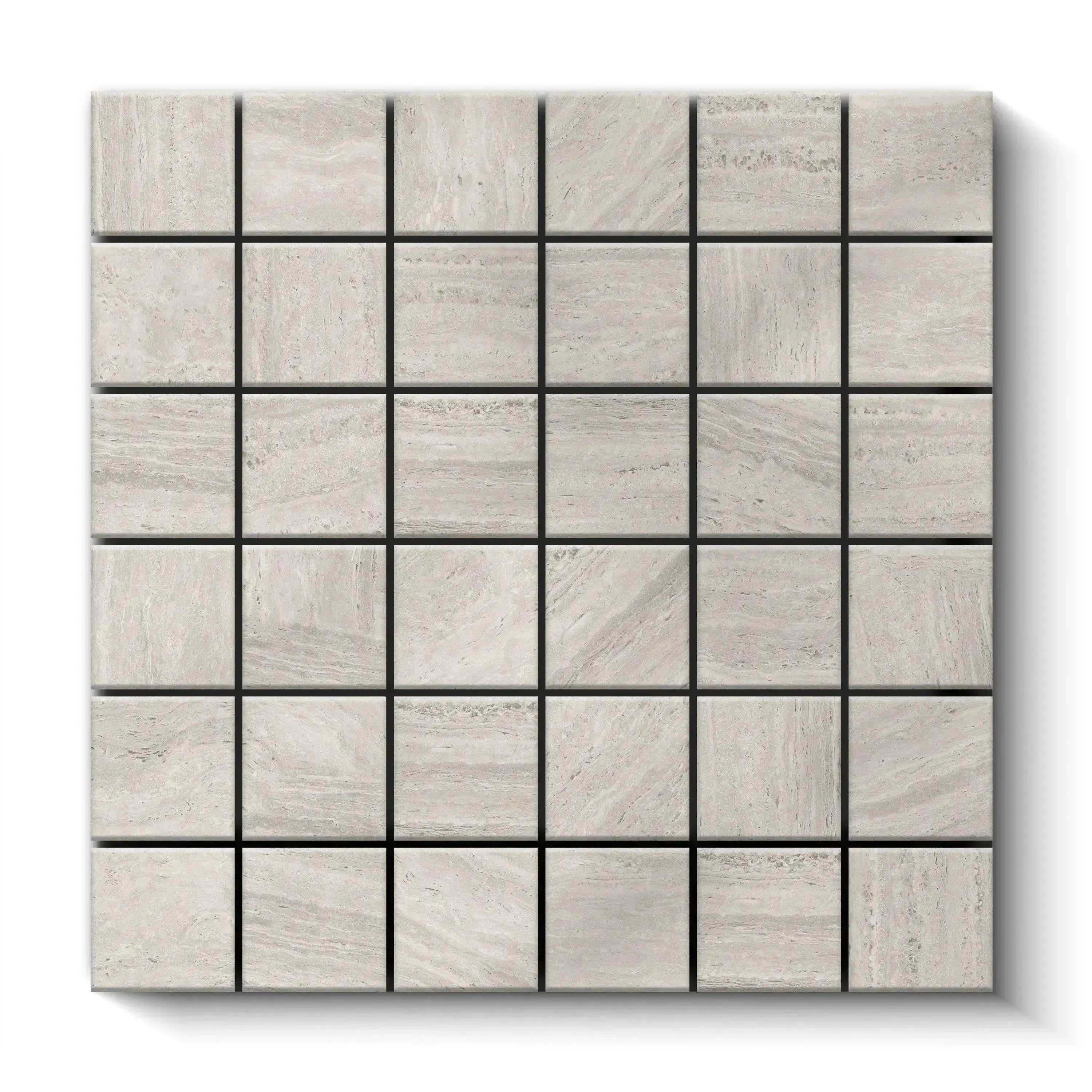 Travertino Porcelain Tile Gray Square Mosaic 2x2 Sheet Polished