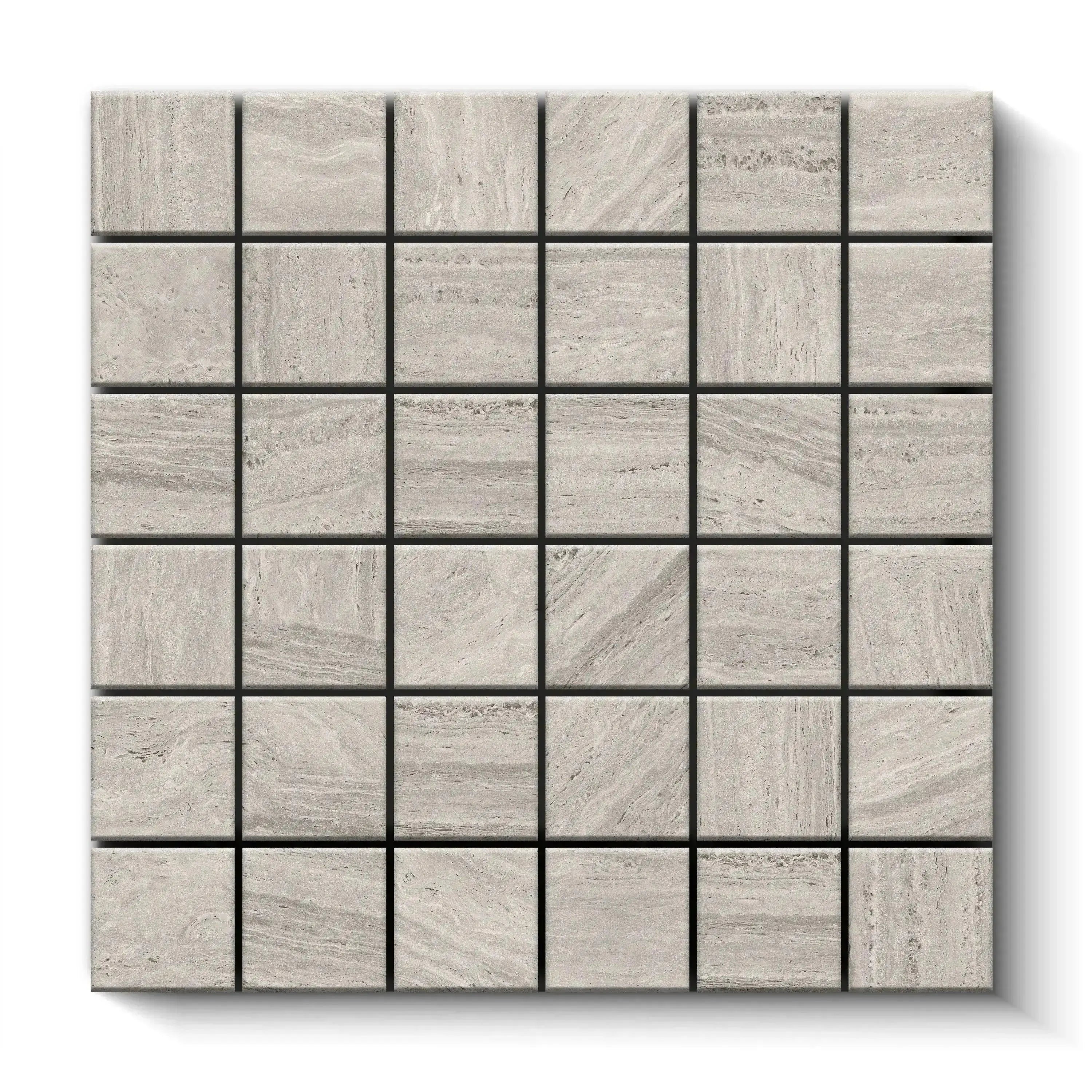 Travertino Porcelain Tile Gray Square Mosaic 2x2 Sheet Matte
