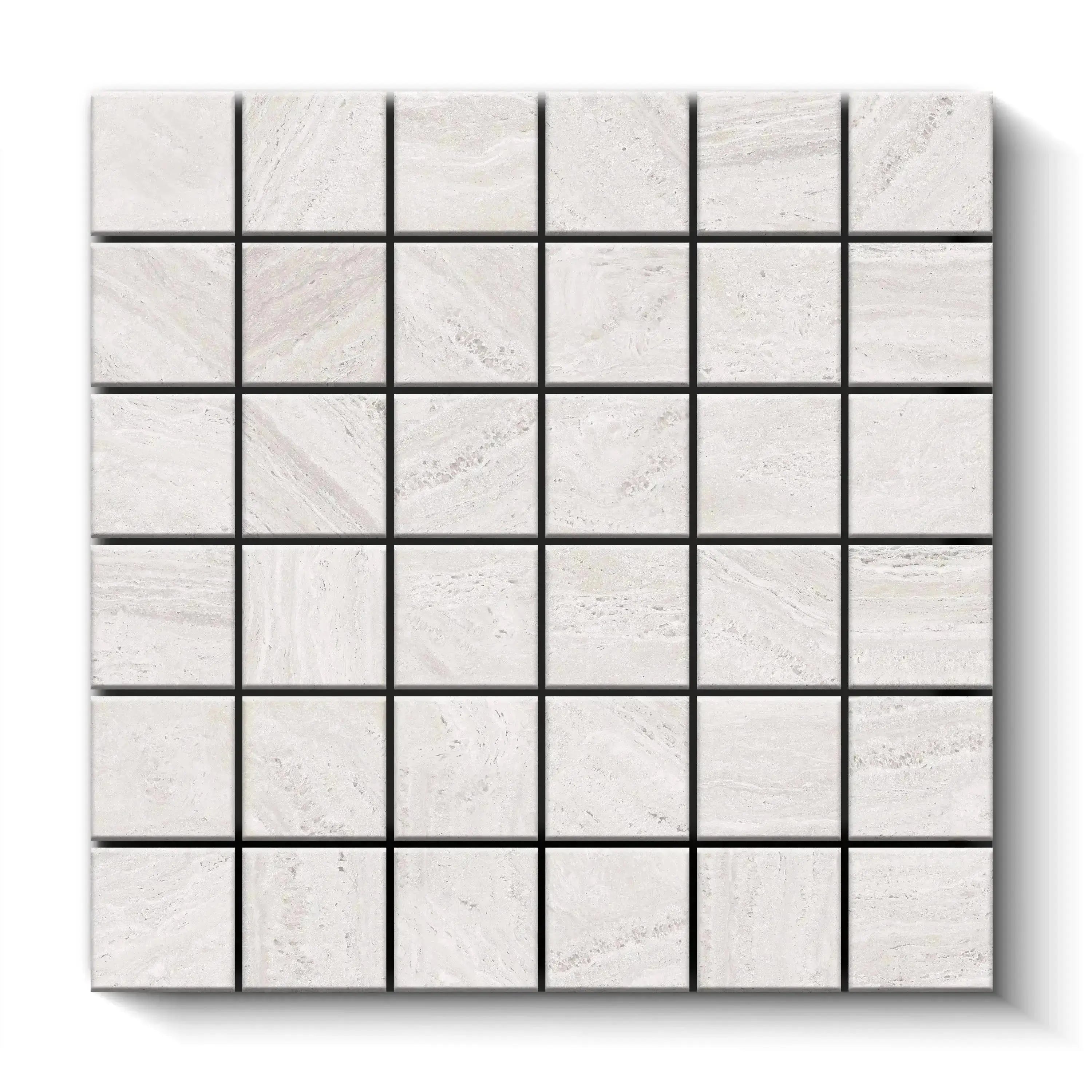 Travertino Porcelain Tile White Square Mosaic 2x2 Sheet Matte