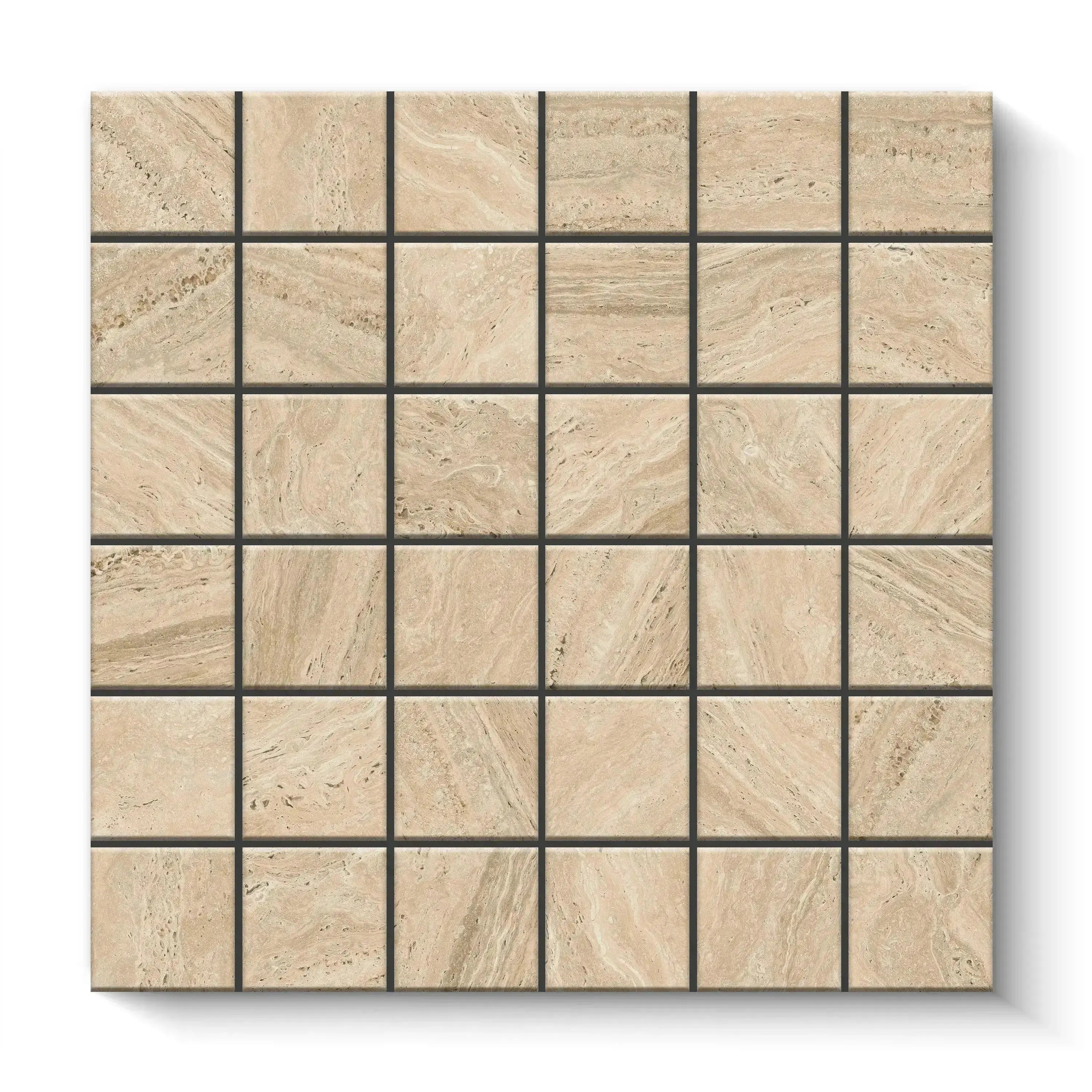 Travertino Porcelain Tile Beige Square Mosaic 2x2 Sheet Matte