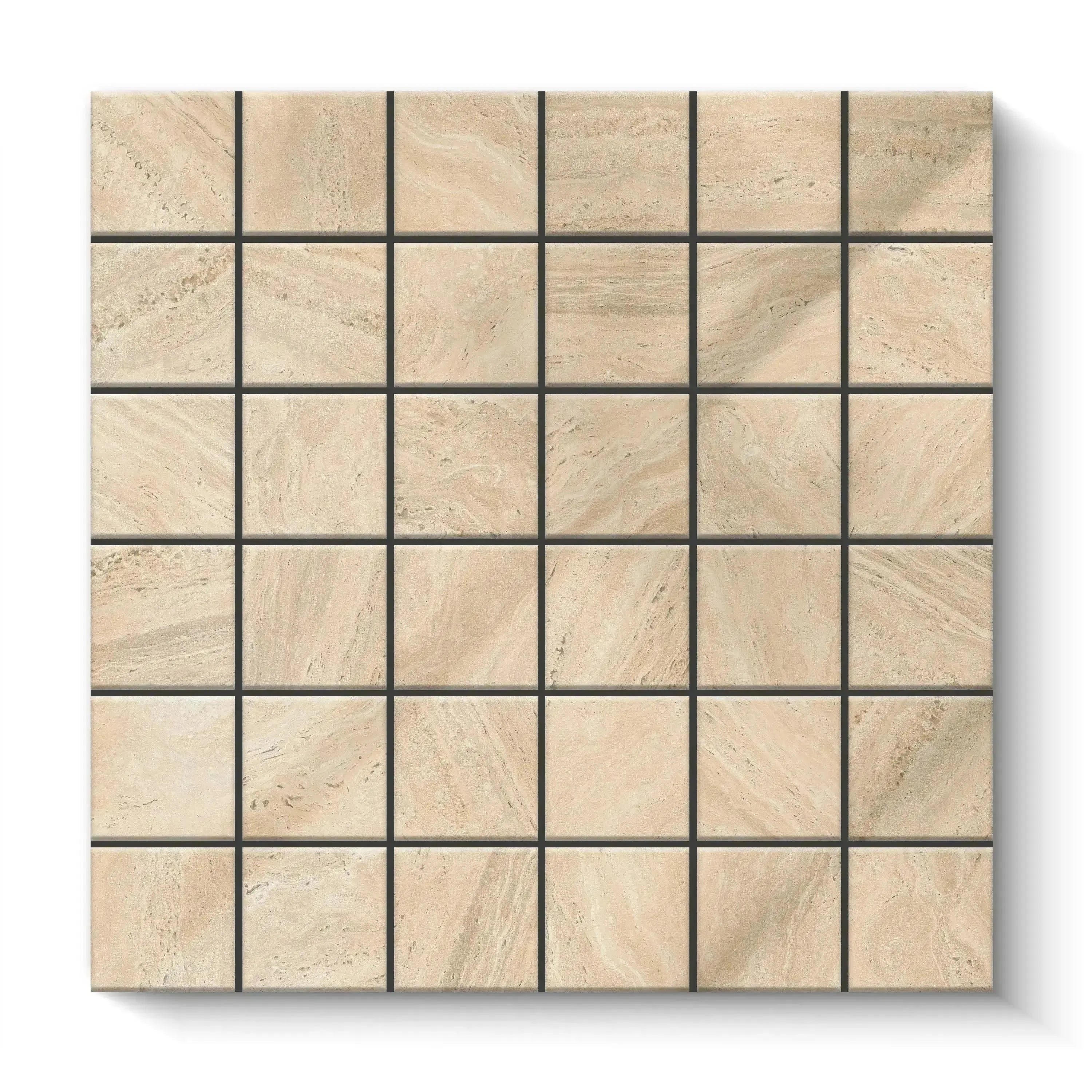 Travertino Porcelain Tile Beige Square Mosaic 2x2 Sheet Polished