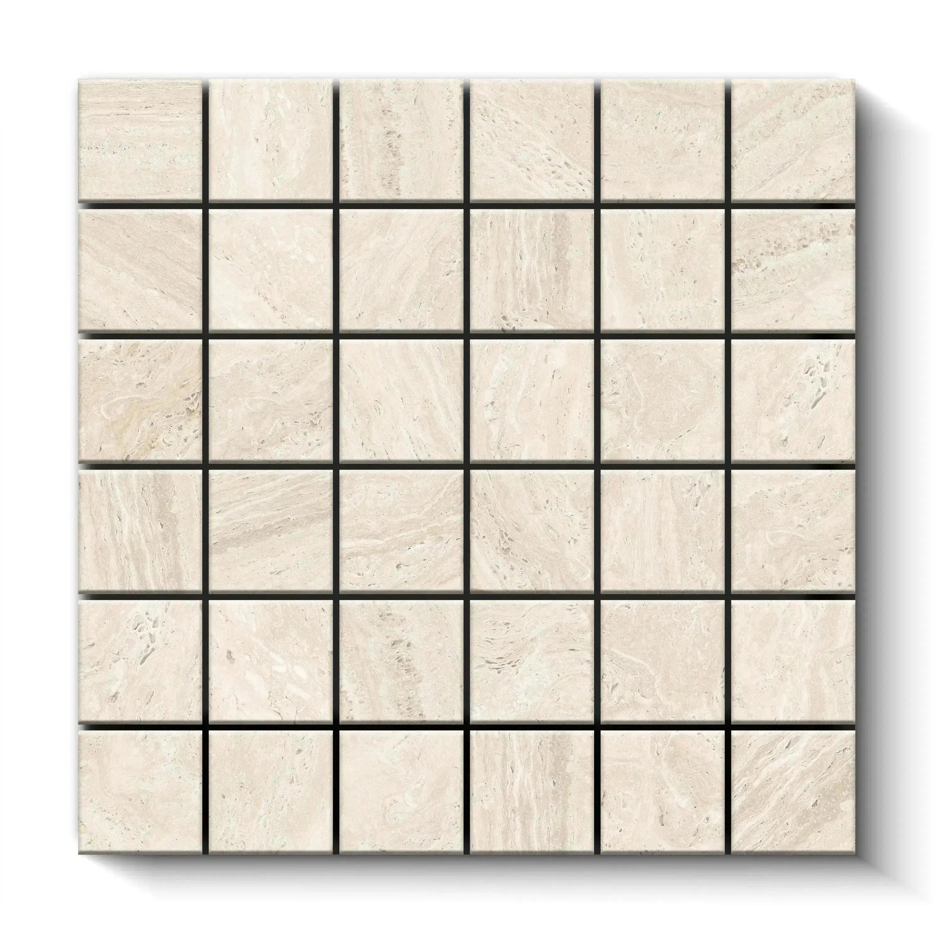 Travertino Porcelain Tile Ivory Square Mosaic 2x2 Sheet Matte