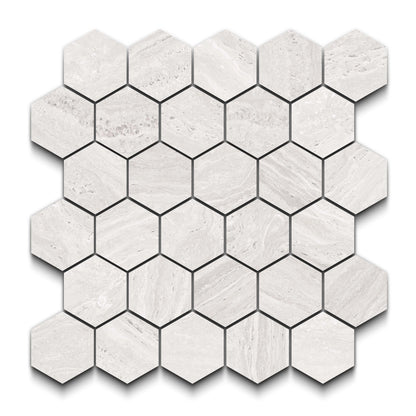Travertino Porcelain Tile White Hexagon Mosaic 11x13 Sheet Matte