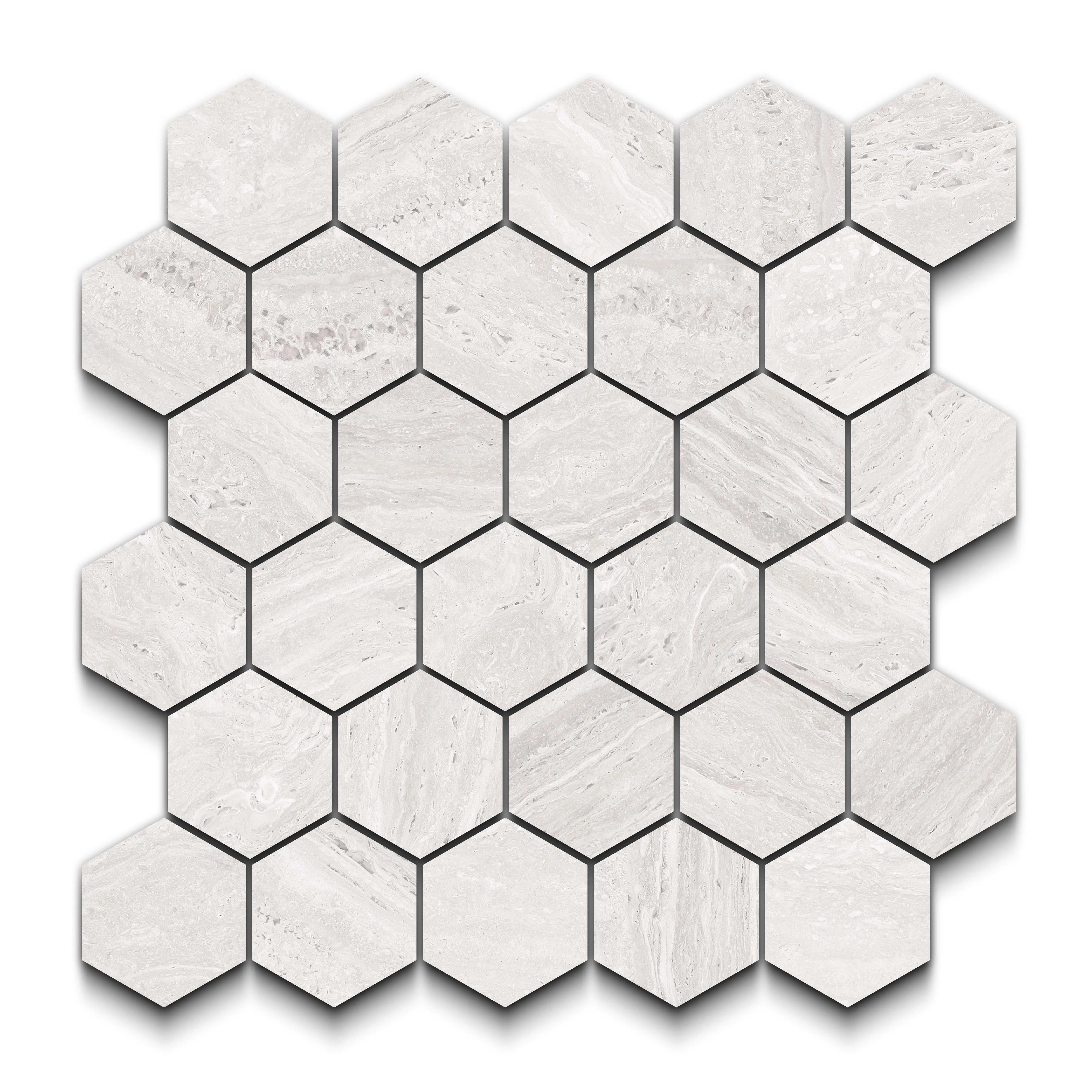 Travertino Porcelain Tile White Hexagon Mosaic 11x13 Sheet Matte