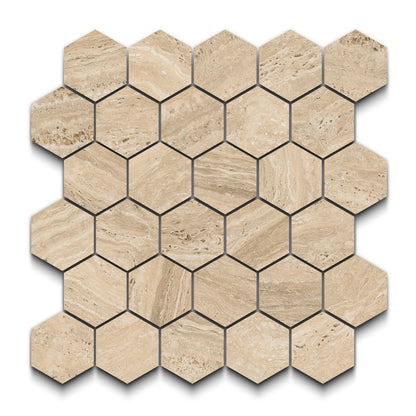 Travertino Porcelain Tile Beige Hexagon Mosaic 11x13 Sheet Matte