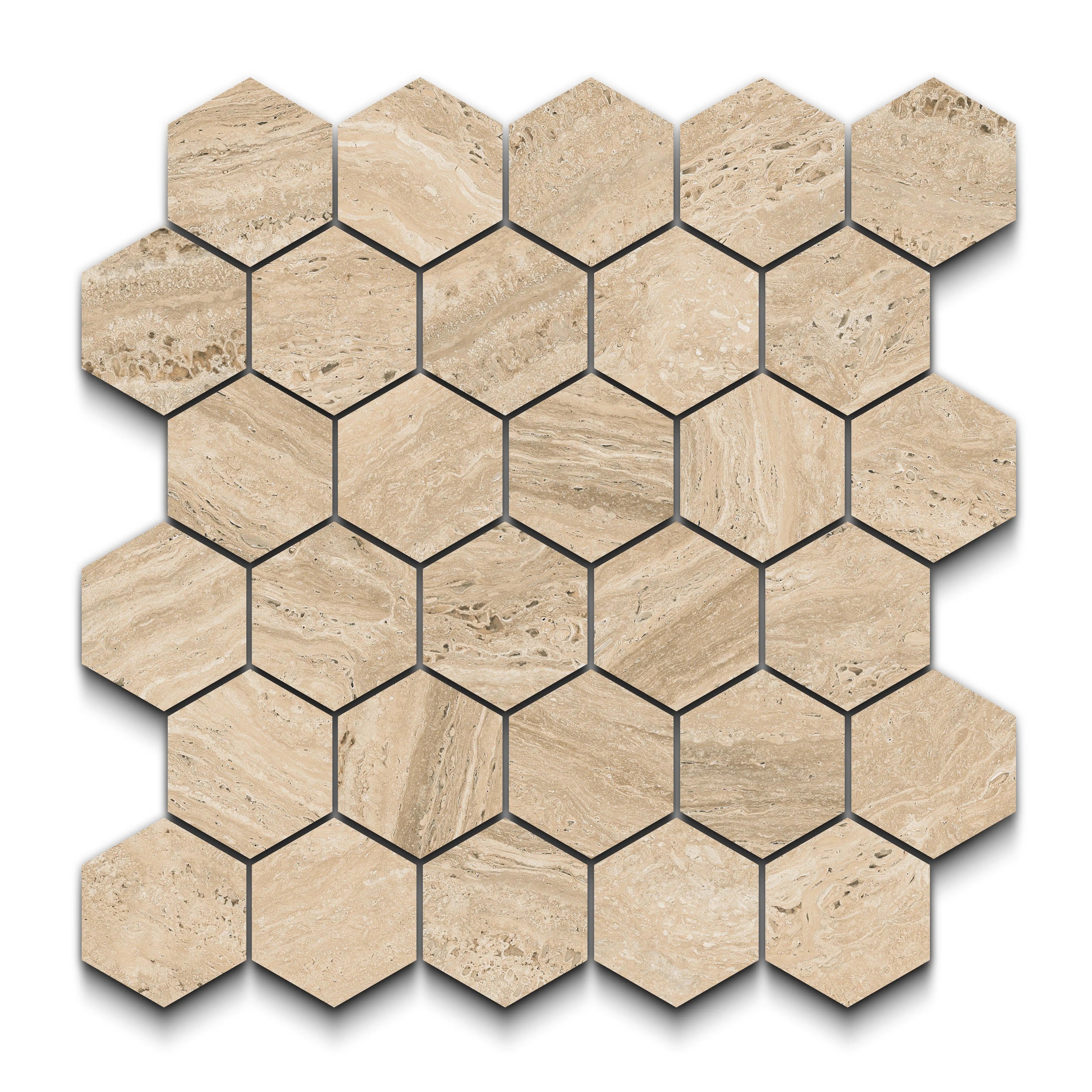 Travertino Porcelain Tile Beige Hexagon Mosaic 11x13 Sheet Matte