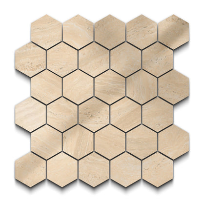 Travertino Porcelain Tile Beige Hexagon Mosaic 11x13 Sheet Polished