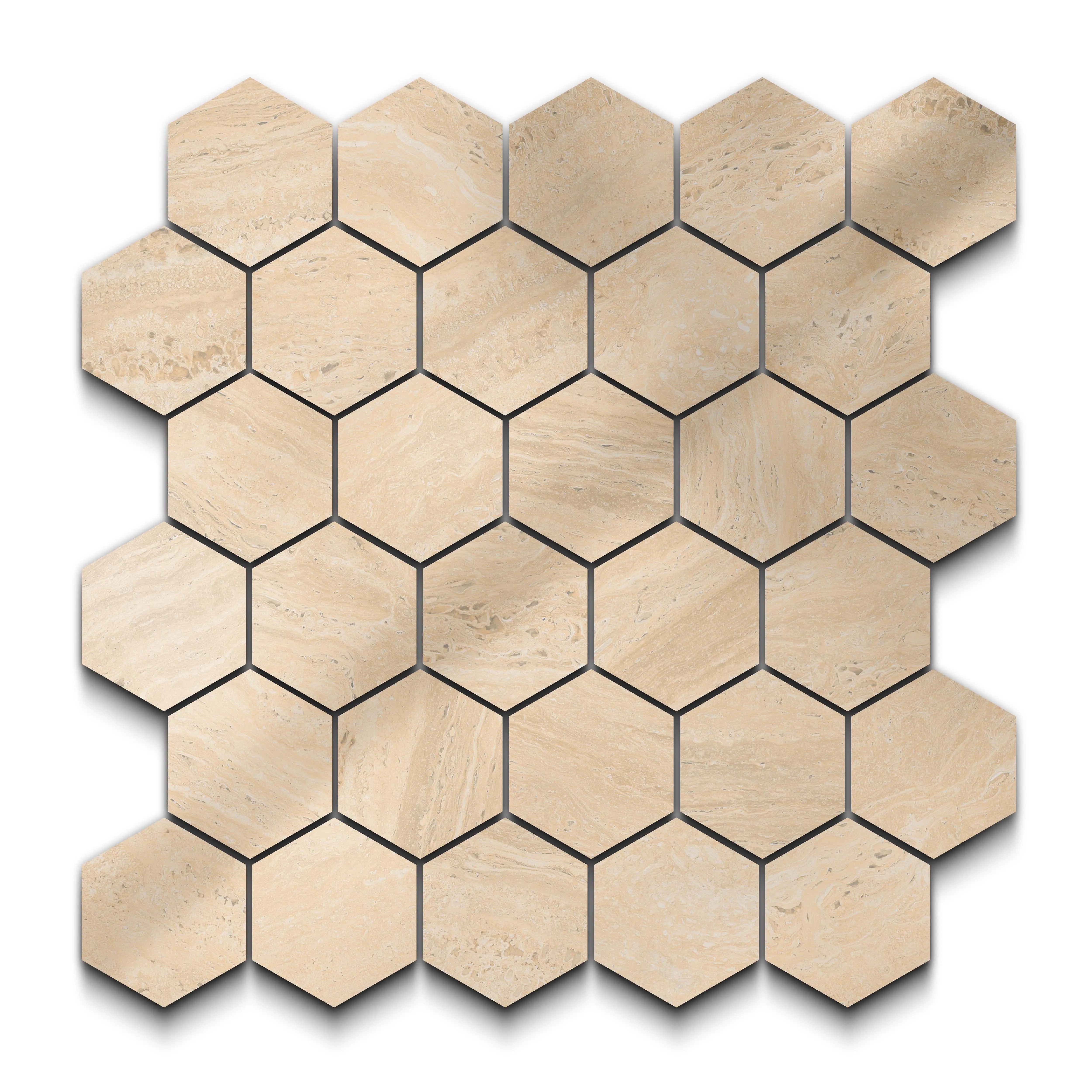 Travertino Porcelain Tile Beige Hexagon Mosaic 11x13 Sheet Polished