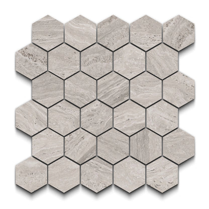 Travertino Porcelain Tile Gray Hexagon Mosaic 11x13 Sheet Matte