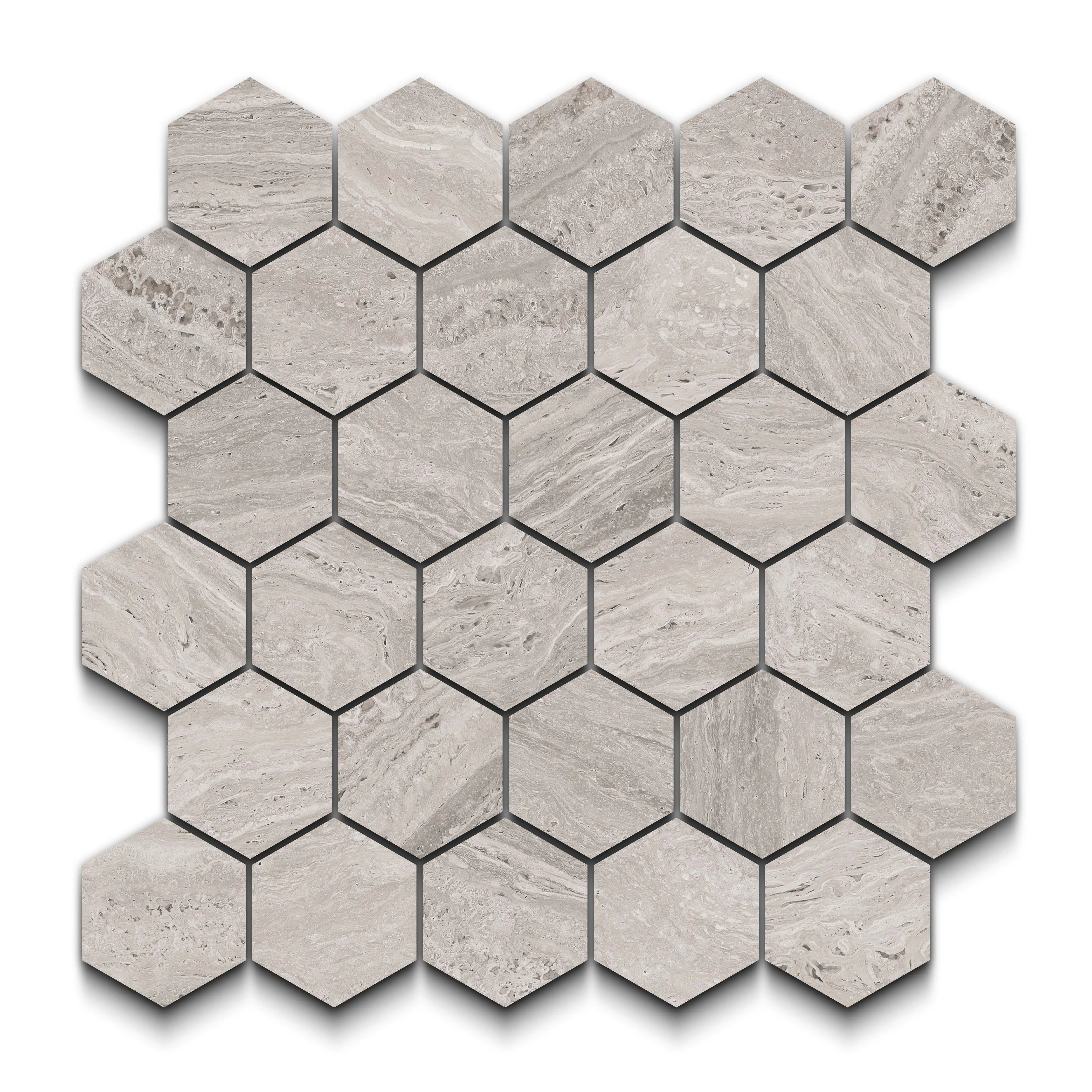 Travertino Porcelain Tile Gray Hexagon Mosaic 11x13 Sheet Matte