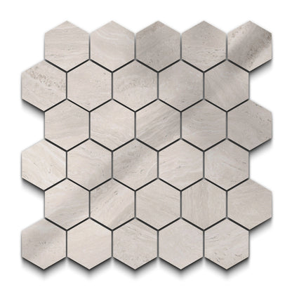 Travertino Porcelain Tile Gray Hexagon Mosaic 11x13 Sheet Polished
