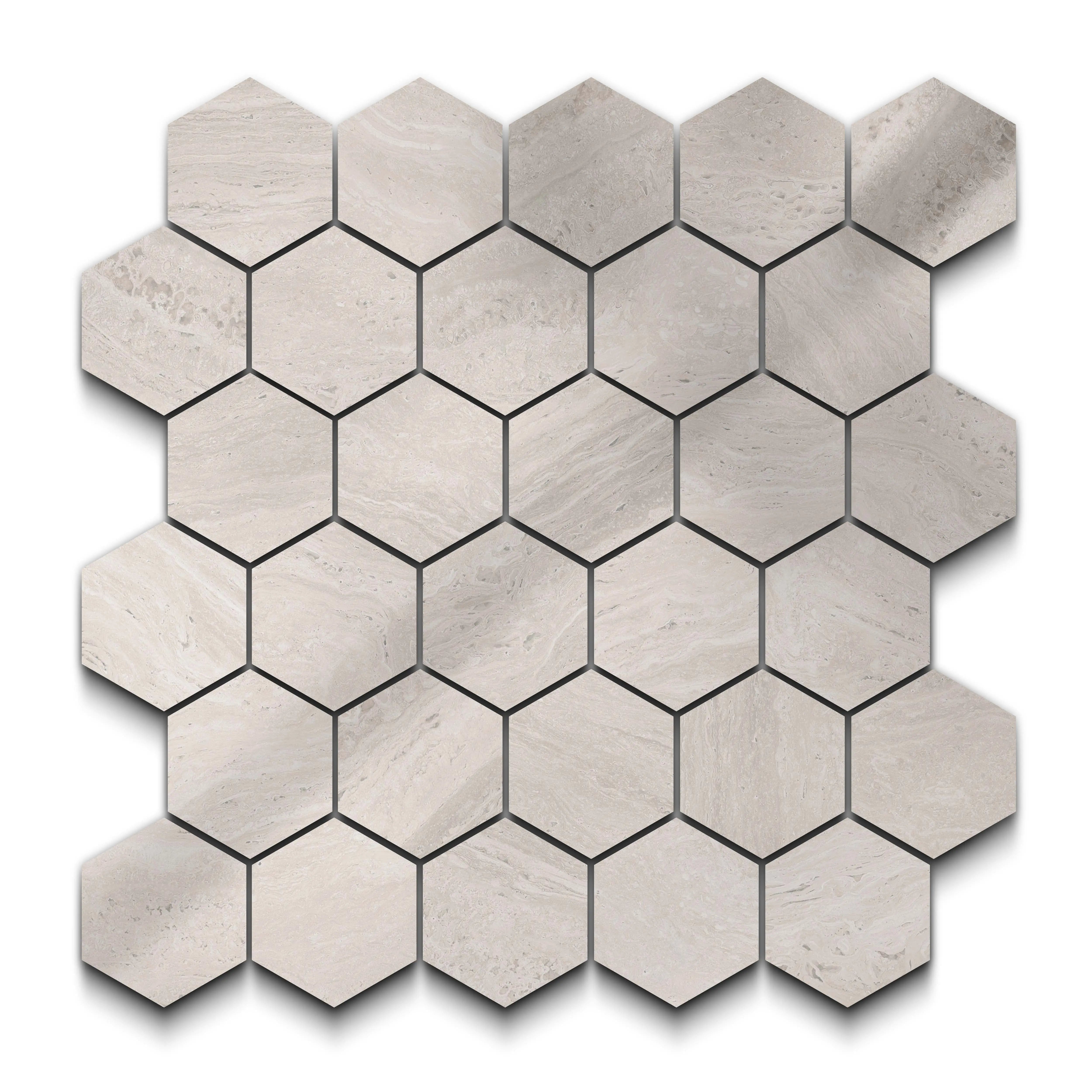 Travertino Porcelain Tile Gray Hexagon Mosaic 11x13 Sheet Polished
