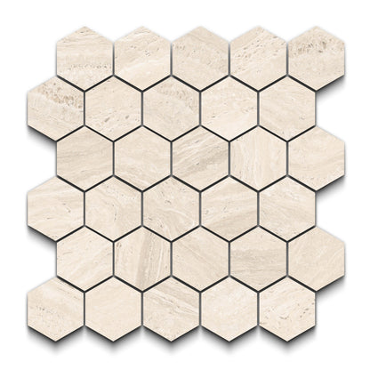 Travertino Porcelain Tile Ivory Hexagon Mosaic 11x13 Sheet Matte