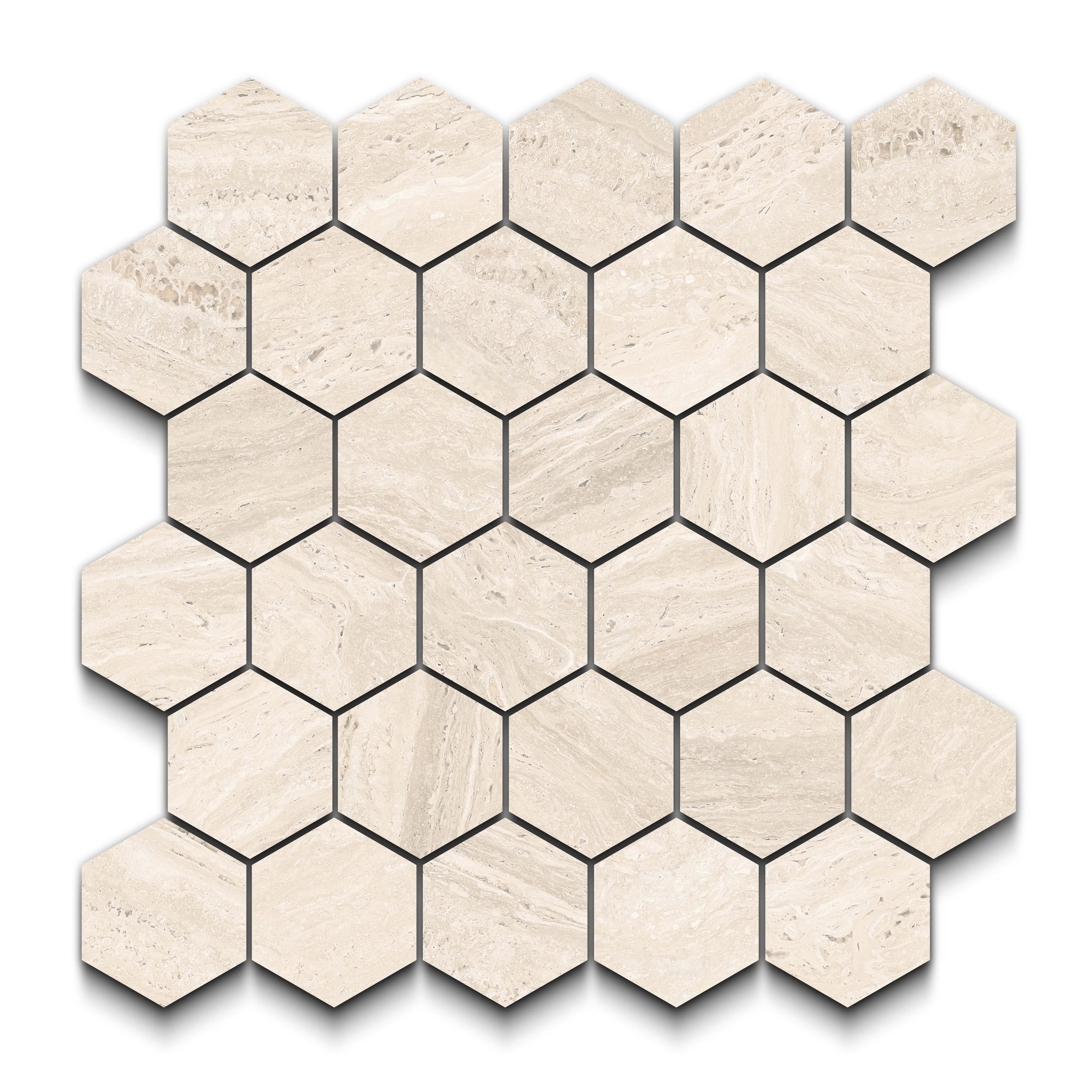 Travertino Porcelain Tile Ivory Hexagon Mosaic 11x13 Sheet Matte