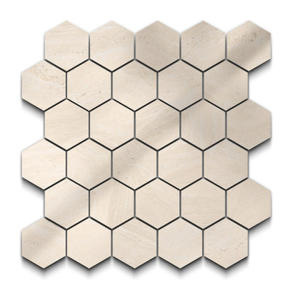Travertino Porcelain Tile Ivory Hexagon Mosaic 11x13 Sheet Polished