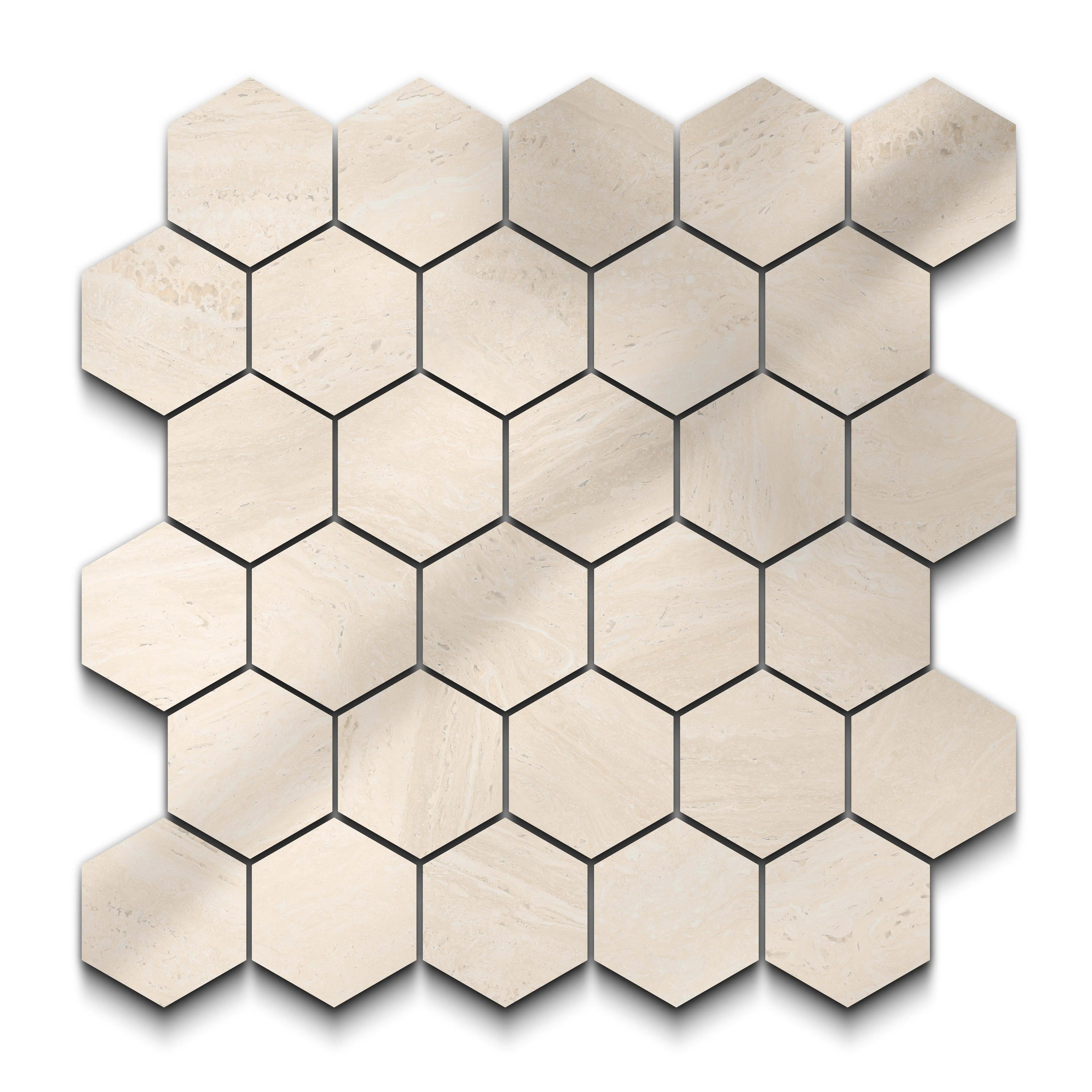 Travertino Porcelain Tile Ivory Hexagon Mosaic 11x13 Sheet Polished
